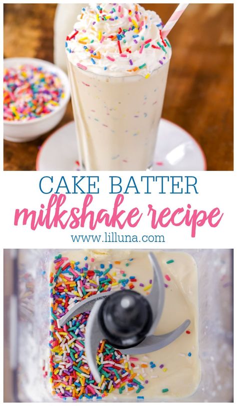 This easy soda shop style Cake Batter Milkshake is perfect for celebrations and enjoying on a hot summer day! #funfetticakebattermilkshake #cakebatter #funfetticakebattermilkshake #milkshakerecipe #funfetticake Cake Batter Milkshake, Cake Batter Shake, Homemade Milkshake Recipe, Birthday Cake Milkshake, Yummy Milkshake Recipes, Gf Cake, Milkshake Recipe Easy, Homemade Milkshake, Lil Luna