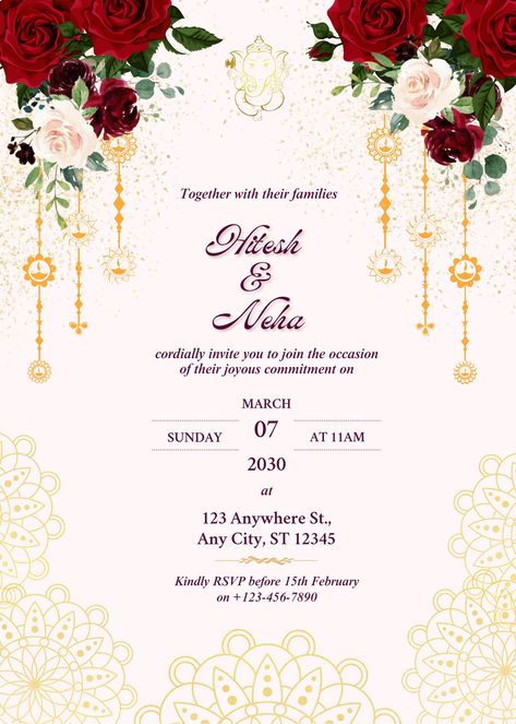 ⭐ WHAT YOU'LL GET ⭐ 🌹 2 Page Invitation Designs. 🌹 Size: Vertical 5" X 7". 🌹 Instant Access to Canva file. 🌹 Fully editable text ( Font, Size, Color ) 🌹 Unlimited edits & downloads. WHAT YOU CAN CHANGE IN YOUR INVITATIONS TEMPLATE 🌹 All text is Editable, you can change text colors, txt font & text sizes. 🌹 You can add additional text in case you want more information. * * * WHAT YOU CAN'T CHANGE IN YOUR INDIAN WEDDING INVITE TEMPLATE 🌹 You cannot edit the background color. 🌹 You cannot Wedding Card Fonts, Hindu Wedding Invitation Cards Template, Weeding Inventions Cards Design Template, Hindu Wedding Invitation Templates, Wedding Card Design Templates, Hindu Wedding Invitation Card Design, Wedding Templates Invitation, Indian Wedding Card Design, Indian Wedding Invitation Templates