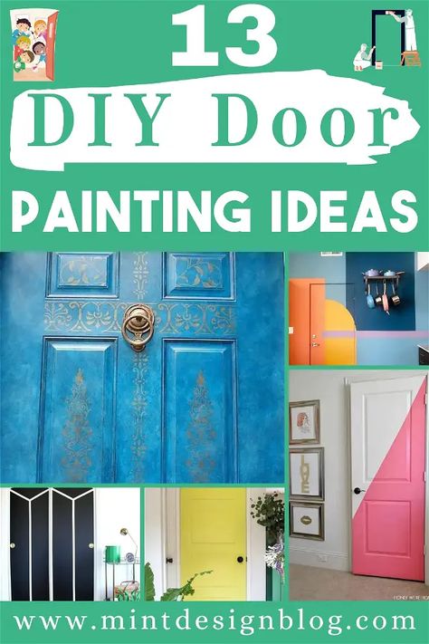 Here are 13 ideas for DIY door painting projects that will have your neighbors asking you for tips on their next project. More than anything, it's essential to be comfortable with your choice—after all, you'll look at this every time you leave and return home! Cool Door Designs, Fun Interior Door Paint Ideas, Front Door Murals Painted, Painted Barn Doors In The House, Cool Painted Doors, Painting Wooden Doors Interior, Painted Inside Doors, Diy Door Painting Ideas, Cool Door Painting