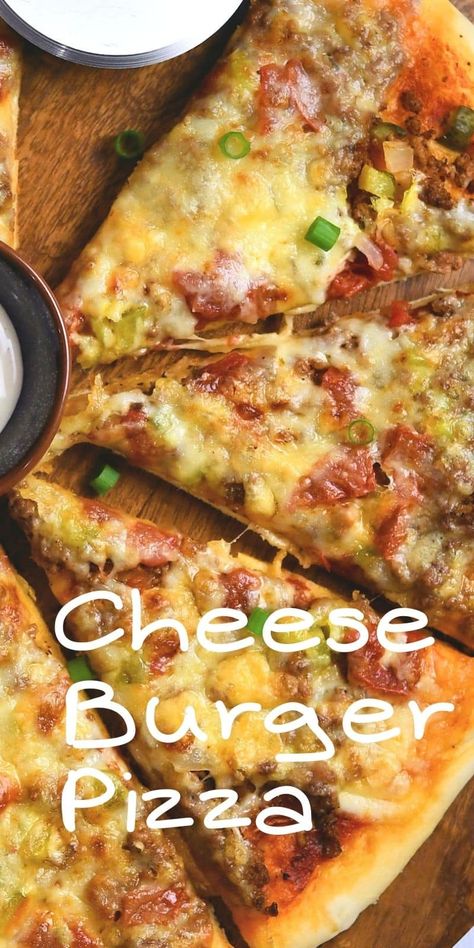 Cheeseburger Pizza Recipe Cheese Burger Pizza Recipe, Hamburger Pizza Recipes, Pizza Burger Pie, Cheese Burger Pizza, Cheeseburger Pizza Recipe, Pizza Pie Recipe, Hamburger Toppings, Cheeseburger Pizza, Cheese Pizza Recipe