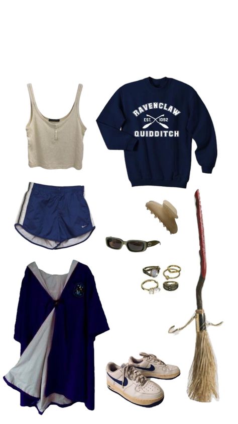 Raven Claw Aesthetic Outfits, Modern Ravenclaw Outfit, Hogwarts Aesthetic Outfits Ravenclaw, Ravenclaw Cheerleader Outfit, Ravenclaw Pjs, Ravenclaw Summer Outfit, Harry Potter Outfits Ravenclaw, Hogwarts Outfits Ravenclaw, Ravenclaw Uniform Aesthetic