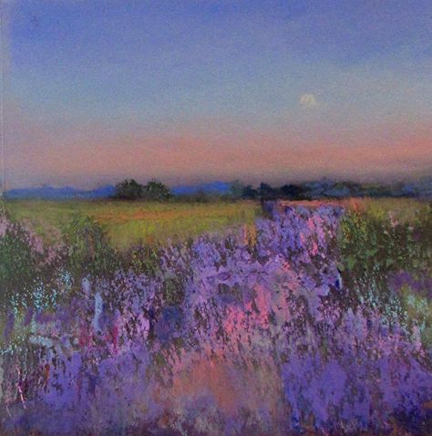 Lavender Fields by Eve Miller, Pastel, 8 x 8 Oil Pastel Landscape, Chalk Pastel Art, Soft Pastel Art, Pastel Artwork, Pastel Landscape, Oil Pastel Art, Chalk Pastels, Landscape Artwork, Lavender Fields