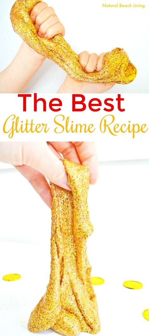 How to Make Slime Recipe with Contact Solution Kids Loves, Gold Glitter Slime, Gold Glitter Contact Solution Slime Recipe or Saline Solution slime with glue! One of the Best Sensory Play for Kids, Homemade slime is super easy to make with our slime recipes. The Best Ways to Make Slime, Easy Slime Recipe with Baking Soda Slime Recipe With Contact Solution, Slime With Contact Solution, Glitter Slime Recipe, Ways To Make Slime, Cool Slime Recipes, Homemade Slime Recipe, Fluffy Slime Recipe, Borax Slime, Contact Solution