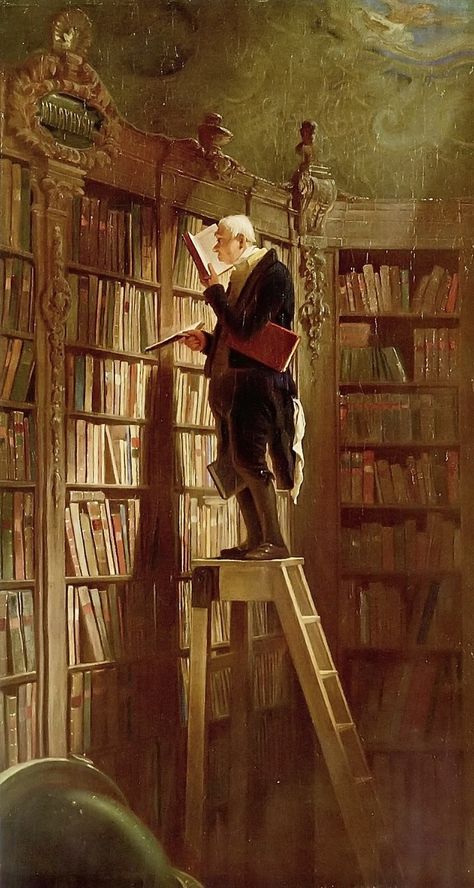 A bibliophile caring for his extensive collection, painted by Carl Spitzweg in 1850. Carl Jung, Library Of Alexandria, The Bookworm, Library Reference, Beautiful Library, Marjolein Bastin, Van Gogh Museum, Norman Rockwell, 영감을 주는 캐릭터