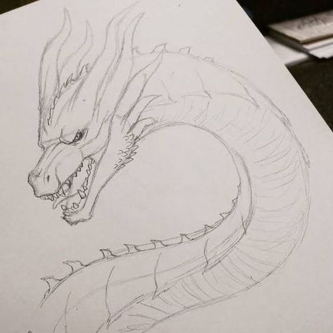 Sketch Dragon, King Of Monsters, Drawing Dragon, Realistic Dragon, Sandberg Wallpaper, Dragon Sketch, Kaiju Art, Art Sketches Pencil, Creature Drawings