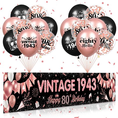 PRICES MAY VARY. 【80th Birthday Party Decorations】: The rose gold 80th birthday party decorations set includes a happy 80th birthday banner and 18pcs rose gold black 80th birthday balloons for women, which is essential for a 80th birthday party supplies and will leave a deep impression on everyone 【Suitable Size】: The rose gold 80th birthday banner measures 98.4 x 17.7 inch and the vintage 1943 balloons measures 12inch, which can be used on yard, fence or garage door, it can also be used as a be Rose Gold 80th Birthday Party, Birthday Party Decorations For Women, 90th Birthday Banner, 80th Birthday Banner, 90th Birthday Party Decorations, 60th Birthday Balloons, 60th Birthday Banner, 50th Birthday Banner, 80th Birthday Party Decorations