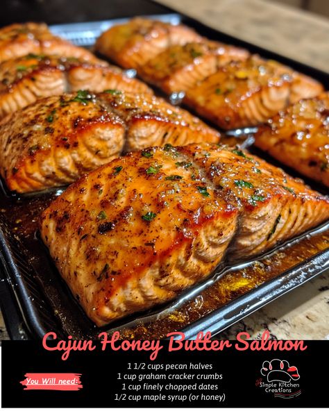 Indulge in the rich and flavorful Cajun Honey Butter Salmon - perfect for a delicious and healthy dinner option! This recipe combines the spicy kick of Cajun seasoning with the sweetness of honey and butter for a truly unforgettable taste. Try it tonight and impress your taste buds! #salmon #cajun #dinner #recipe #foodie Delicious Salmon Recipes Oven Baked, Salmon Wedding Dinner, Salmon Oven Recipes, Salmon On Grill, Baked Salmon Dinner, 4 Th Of July Food, Cajun Honey Butter Salmon, Honey Butter Salmon, Cajun Dinner