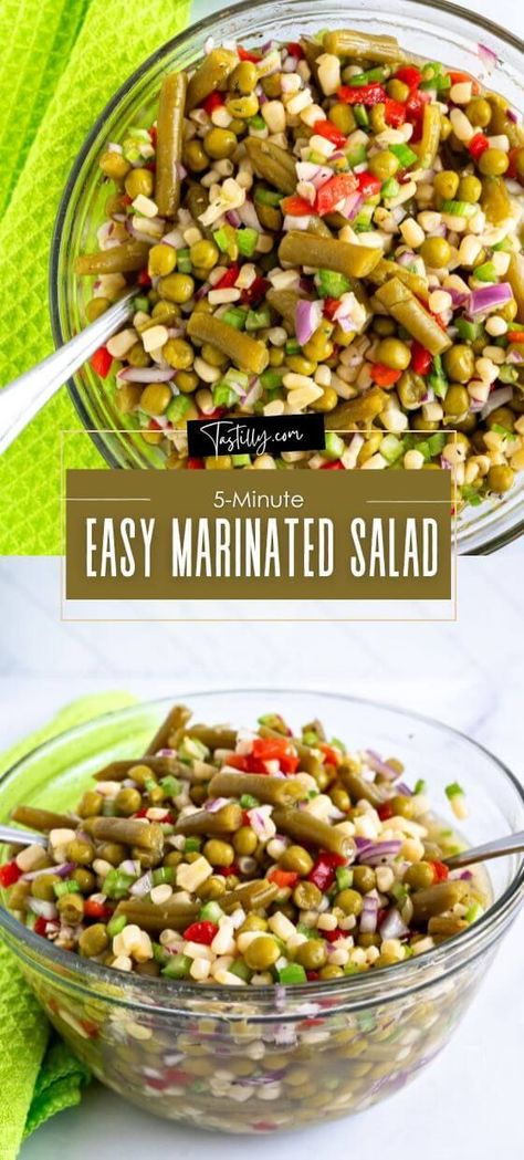 5-Minute Easy Marinated Salad Marinated Vegetable Salad Recipes Cold, Marinated Salad Vegetables, Marinated Corn Salad, Marinated Salads, Marinated Bean Salad, Marinated Salad Recipes, Plant Based Salads, Marinated Vegetable Salad, Shopska Salad