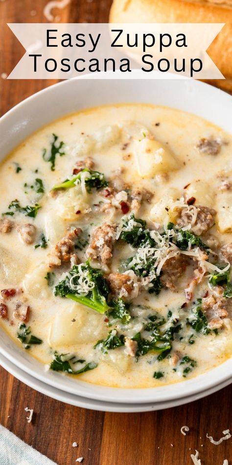 This easy Zuppa Toscana Soup is creamy and perfectly seasoned with flavorful sausage, soft potatoes, and savory bacon. Soup Instapot, Crockpot Zuppa Toscana, Copycat Zuppa, Copycat Zuppa Toscana, Zuppa Toscana Soup Olive Garden, Olive Garden Pasta, Italian Soup Recipes, Sausage Soup Recipes, Olive Garden Copycat