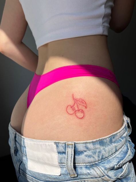 Peach Tattoo Traditional Side Lower Back Tattoos, Cherry Tattoo Buttcheek, Small Tattoos On Dark Skin, Cherry Hip Tattoo, Cheeky Tattoos For Women, Peach Tattoo Buttcheek, Cherry Tramp Stamp, Cherry Tattoo On Bum For Women, Bum Cheek Tattoo Women