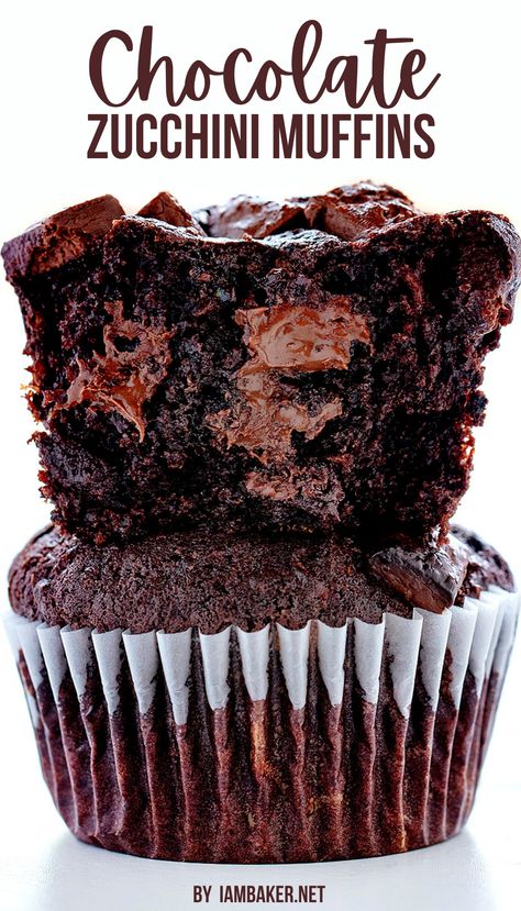 One image shows one full chocolate muffin with half a chocolate muffin stacked on top of it. they are on a white surface with a white background. Zucchini Mini Muffins, Work Desserts, Muffins Zucchini, Health Dessert Recipes, Zucchini Desserts, Double Chocolate Zucchini Muffins, Zucchini Cupcakes, Fancy Baking, Zucchini Muffin