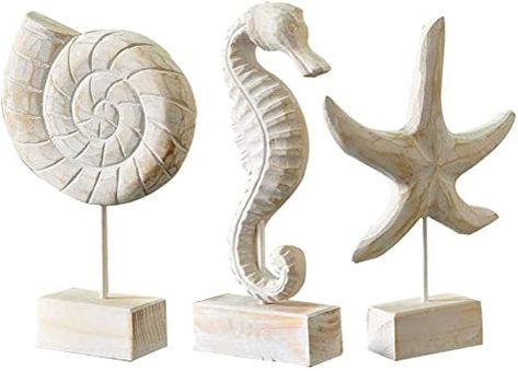 Creproly 3Pcs Modern Wood Sculpture Home Decor Statue Starfish Conch Seahorse Figurines Beach Nautical Style Table Sculptures Home Decor : Home & Kitchen Seahorse Crafts, Sea Life Decor, Coral Decor, Frog Decor, Living Room Ornaments, Modern Nautical, Beach Bathroom Decor, Nautical Style, Blue Dream