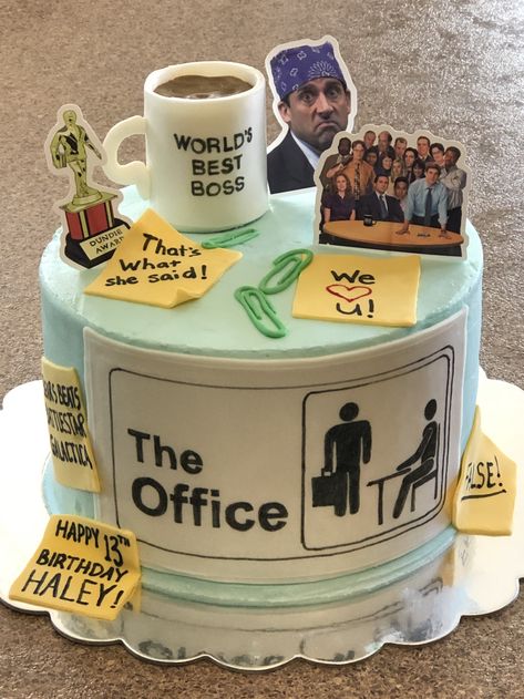 Cake theme “The Office” The Office Themes Birthday Party, Office Themed 30th Birthday Party, The Office Grooms Cake, Office Birthday Theme Ideas, The Office Cafe Disco, Office Theme Birthday Party, Office Themed Birthday Cake, The Office Cupcakes, The Office Birthday Cake Ideas