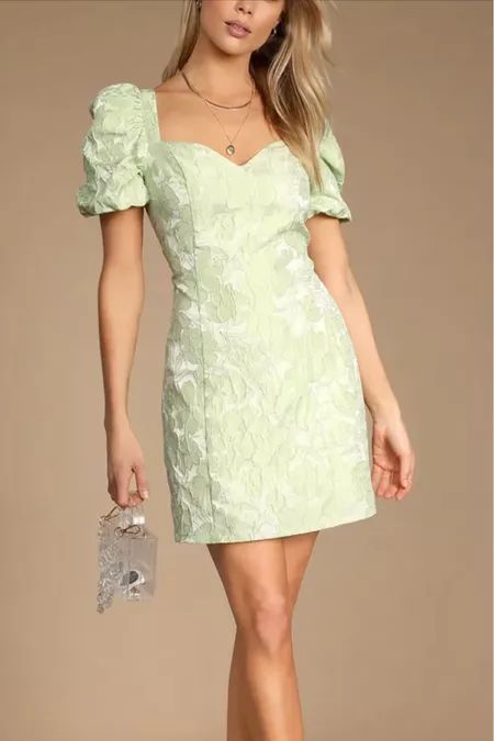 OutfitIdeas's Easter Collection on LTK Light Green Hoco Dress, Green Hoco Dress, Modest Homecoming Dresses, Short Green Dress, Floral Dress Outfits, Light Green Dress, Recruitment Outfits, Cute Floral Dresses, Green Homecoming Dresses