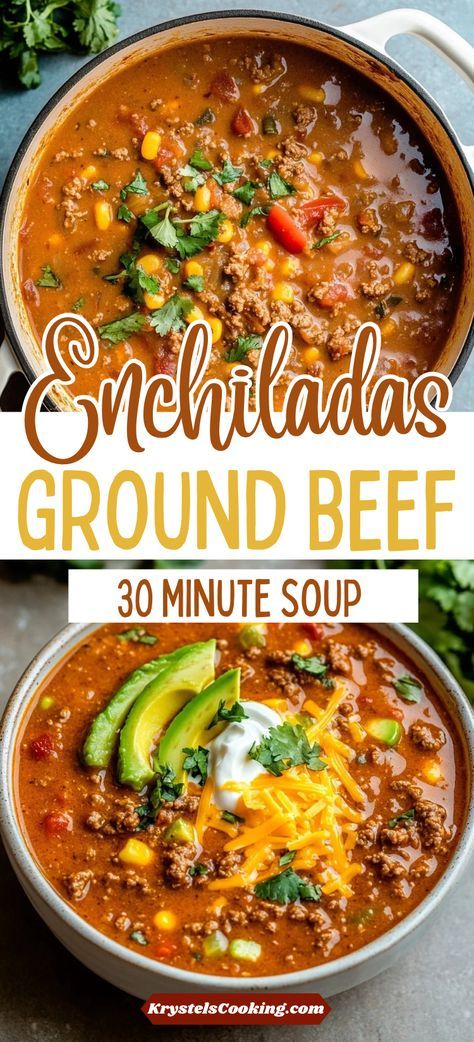 Looking for a quick and easy dinner idea? This Easy Enchiladas Ground Beef Soup is a great ground beef recipe that is cheesy, comforting, and perfect for busy weeknights! Healthy Soup Ground Beef, Ground Beef Gumbo Recipe, Ground Beef And Jalapeno Recipes, Soups To Make With Ground Beef, Ground Beef Recipes For Dinner Easy Soup, Taco Soup With Ground Beef Easy, Ground Beef Crockpot Soup Recipes, Beef Enchilada Soup Recipe, Soup Ideas With Ground Beef