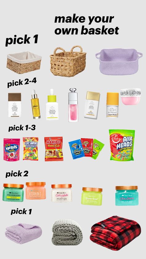 How To Build A Gift Basket, Make Your Basket, Sleepover Basket Ideas, Sleepover Gift Basket, Make Your Own Basket, But Basket, Selfcare Basket, Brrr Basket, Bur Basket