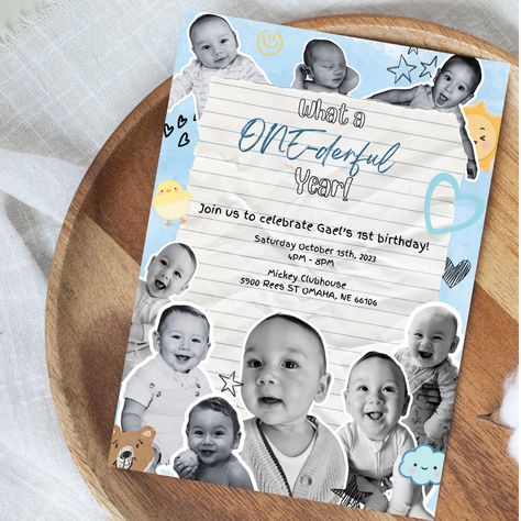 This awesome Birthday Party Invitation features a stars, hearts, smiley face and cute cutouts of your little one's photos to make it all look like a page from a scrapbook- the perfect way showcase your little one's ONE-derful year and the perfect way to accent your little one's first birthday party. Onederful First Birthday, What A Onederful Year, A Onederful Year, Onederful Year, Mr Onederful Birthday Invitations, Dude Birthday Party, Mr Onederful Birthday, Onederful Birthday, Birthday Inspo