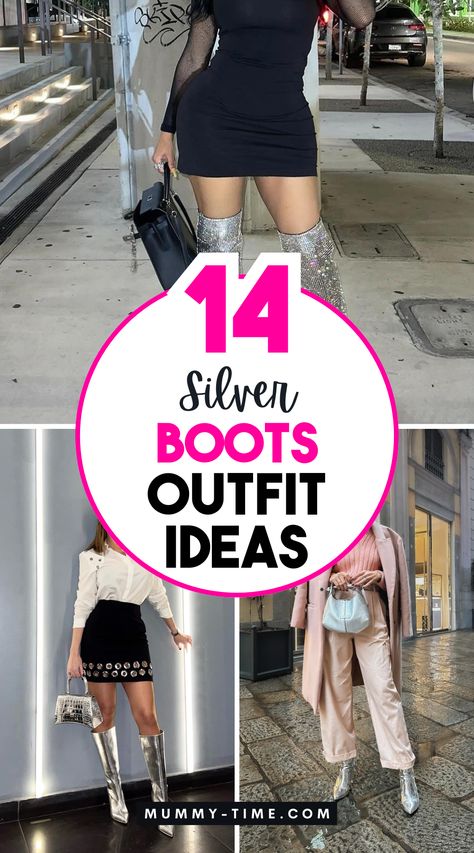 Elevate your wardrobe with gorgeous silver boots outfit ideas! 🌈👢 Explore trendy combinations that will make you stand out in any crowd. From day to night, these outfits will keep you looking fabulous. Save this pin for your go-to style guide! 📌💖 How To Wear Silver Boots, Outfit Ideas With Silver Boots, Silver Boots Outfit Ideas, Shiny Boots Outfit, Silver Booties Outfit, Silver Boots Outfit, Chunky Boots Outfit, Tall Boots Outfit, White Heel Boots