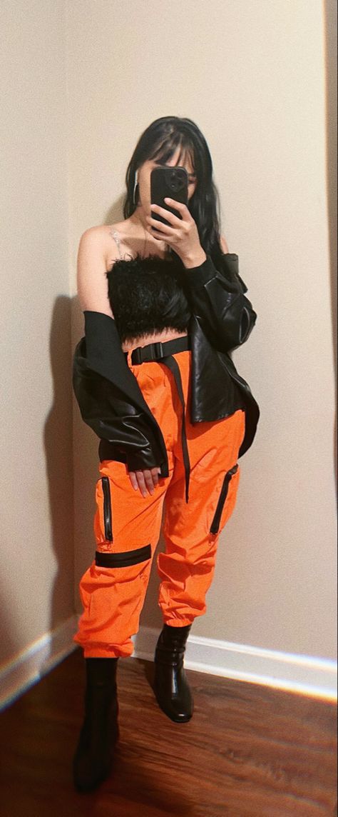 Orang And Black Outfit, Orange And Black Streetwear Outfit, Neon Orange Pants Outfit, Neon Orange And Black Outfit, Orange And Black Outfit Baddie, Orange And Black Aesthetic Outfit, Neon Red Outfit, Orange And Black Outfit Aesthetic, Red Street Wear Outfit