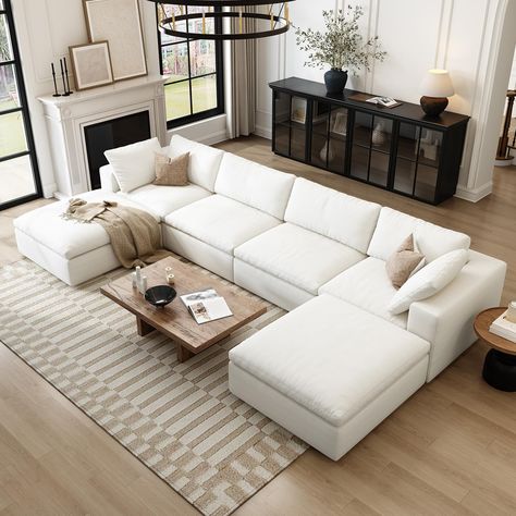 PRICES MAY VARY. 【Free Combination】 Our modular sectional sofa can be used not only as a U-shaped or L-shaped sofa, but also as a sleeper sofa bed for your home. Each section is movable and combinable. Providing high flexibility. You can place it anywhere in any shape according to your needs and preferences. 【Premium Construction】The features a sturdy wooden frame that provides stable support, ensuring excellent durability. high-end breathable chenille fabric, making this modular sectional sofa White Grey Decor Living Room, Modular Sectional Sleeper Sofa, Large White Couch Living Room, Couch For Family Room, Living Room With Chaise Sectional, U Shaped Couches, Low Modular Sofa, Modern Living Room Cream Couch, American Sofa Living Room Furniture