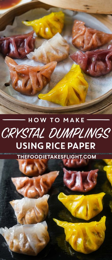 Cheater Crystal Dumplings made with Rice Paper Rice Paper Pizza Rolls, Baked Rice Paper Dumplings, Korean Rice Paper Wraps, Vegetarian Dim Sum Recipes, Rice Paper Dumplings Vegetarian, Rice Paper Wontons, Rice Paper Wrapper Recipes, Things To Do With Rice Paper, Rice Paper Dumplings Vegan