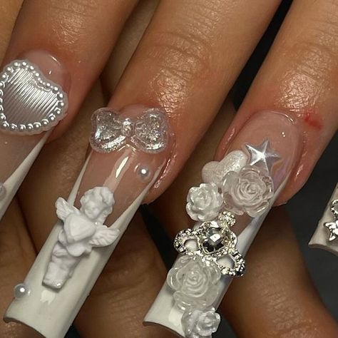 Angelcore Nails, Nails With Angels, Angel Acrylic Nails, White Junk Nails, Angel Nails Acrylic, Angel Nails Designs, Angel Core Nails, Cherub Nails Designs, Cherub Nails