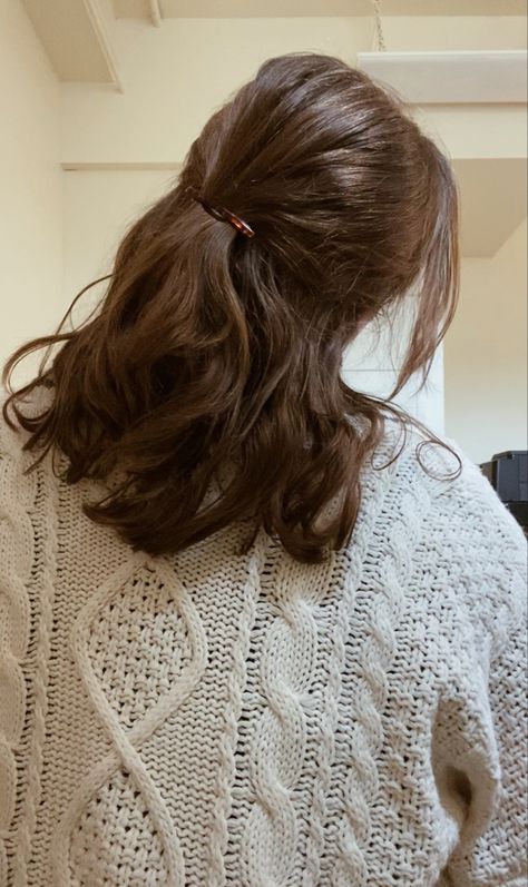 Burnet Hairstyles, Short Brown Hair Half Up Half Down, School Hair For Short Hair, Shoulder Length Hair Inspo Aesthetic, Medium Brown Hair Hairstyles, Wavy Brown Short Hair, Wavy Brown Hairstyles, Medium Length Brown Hair Styles, French Half Up Half Down