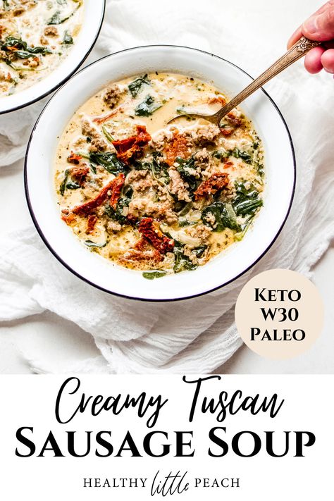 Tuscan Sausage Soup, Ground Italian Sausage Recipes, Tuscan Sausage, Ground Sausage Recipes, Cream Cheese Spinach, Soup Keto, Sausage Soup Recipes, Dairy Free Soup, Dairy Free Cream Cheese