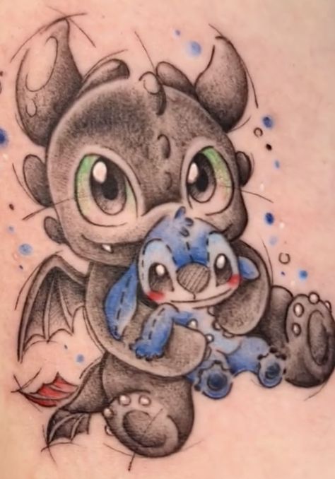 Toothless Dragon Tattoo, Toothless Tattoo, Cute Disney Tattoos, Disney Stitch Tattoo, Toothless And Stitch, Cute Couple Tattoos, Stitch Tattoo, Cartoon Character Tattoos, Floral Tattoo Sleeve