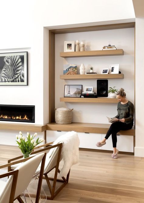 Floating Shelves Ideas, Contemporary Home Interior, Shelves Ideas, Latest Living Room Designs, Fireplace Built Ins, Contemporary Fireplace, Cabinetry Design, Living Room Shelves, Home Remodel