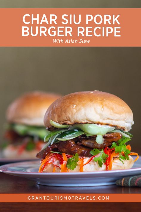 Char Siu Pork Burger Recipe with Asian Slaw Char Siu Pork Sandwich, Asian Burger Recipe, Recipe With Pork, Pork Burgers Recipes, Pork Belly Strips, Doner Kebabs, Char Siu Sauce, Pork Belly Slices, Char Siu Pork