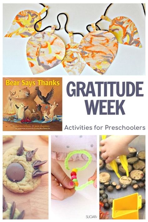 Simple activities and ideas for preschoolers on the theme of Gratitude featuring the book Bear Says Thanks by Karma Wilson. We Are Thankful Preschool Activities, Gratitude Week Preschool, Thankful Unit Preschool, Grateful Activities For Preschool, Teaching Gratitude To Preschoolers, Gratitude Preschool Theme, Giving Thanks Lesson Plans Preschool, November Topics For Preschool, Thankful Lesson Plans For Toddlers