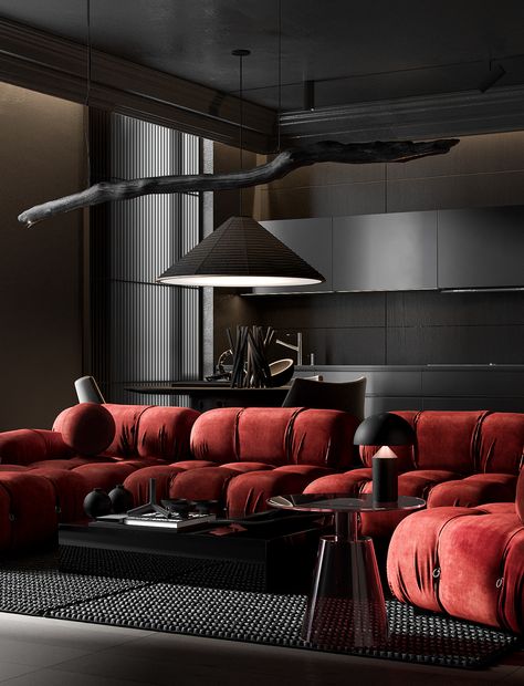 Dark Post Modern Interior Design, Dark Interior Design Luxury, Black And Red Room, Old Hollywood Interior Design, Crazy Interior Design, Red Room Ideas, Color Schemes Red, Red And Black Decor, Hacks For Small Spaces