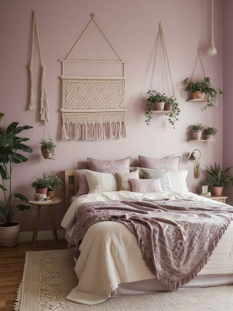 Add a touch of bohemian charm to your bedroom with a mauve accent wall. Complete the look with a mix of patterned textiles, a macrame wall hanging, and plants for a relaxed and stylish space. Boho Lilac Bedroom, Mauve Pink Bedroom Ideas, Purple And Natural Wood Bedroom, Mauve Apartment Decor, Lavendar Rooms Master Bedrooms, Mauve Beige Bedroom, Lilac And Brown Bedroom, Bedroom Decor Purple Walls, Lavender Plant Bedroom