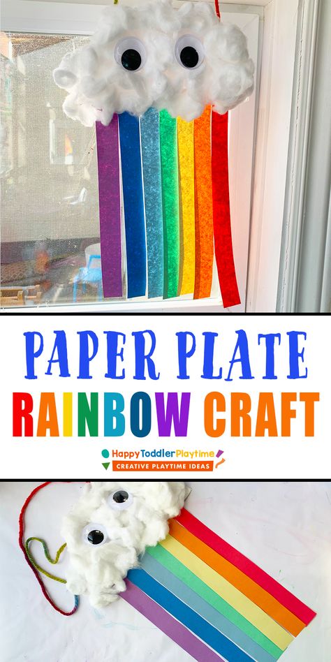 Super Easy Paper Plate Cloud Rainbow Craft - Happy Toddler Playtime Cloud Rainbow Craft, Sky Crafts For Kids, Cloud Craft Preschool, Rainbow Crafts For Toddlers, Cloud Crafts, Paper Plate Rainbow, Childcare Crafts, March Vibes, March Craft