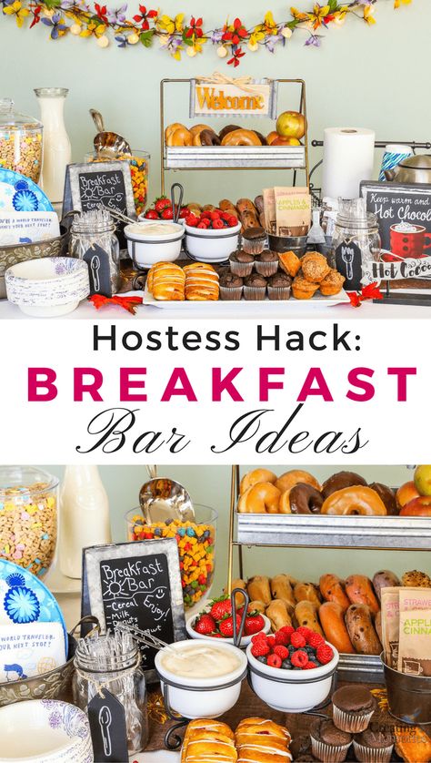 Remove the Hostess Stress of meals! Create this unbelievably easy Breakfast Bar/Buffet Hack! Make morning simple with fun decor, food ideas to please hungry families & friends. Including paleo, bright line and gluten-free food alternatives! Perfect for sleepover parties, brunch, and holiday crowds. Breakfast And Brunch, Diy Breakfast Bar, Easy Breakfast Bar, Buffet Party, Diy Breakfast, Brunch Bar, Bar Buffet, Breakfast Party, Brunch Buffet