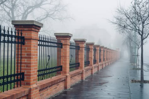 Brick Wall Fencing, Half Brick Fence, Brick Wall With Fence On Top, Brick And Iron Fence Front Yards, Bricks Fence Ideas, Brick And Wrought Iron Fence, Fencing On Top Of Brick Wall, Wall Fence Design Brick, Brick And Metal Fence