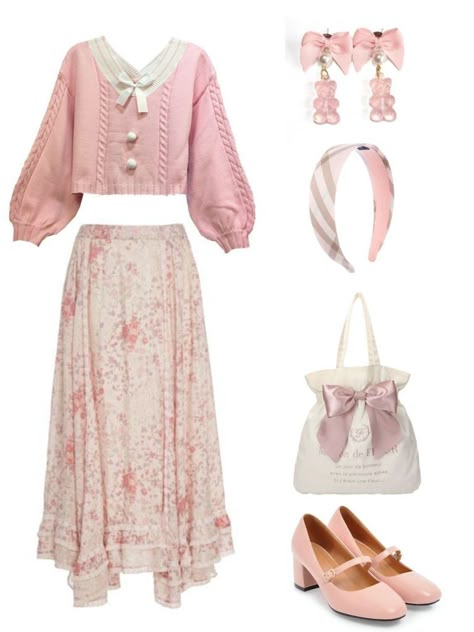 Pink Outfits Cute, Modest Kawaii Outfits, Flower Outfit, Pretty Fits, Drawing Refrences, Cottagecore Outfit, Clothing Board, Clown Illustration, Modest Outfit