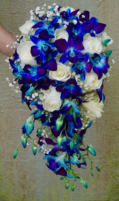 Blue Orchid Wedding Bouquet, Purple Orchid Bouquet, Blue Orchid Bouquet, Blue And Purple Orchids, Blue Orchid Wedding, Blue Dendrobium Orchids, Wedding Crystals, Orchid Bridal Bouquets, Blue Orchid Flower