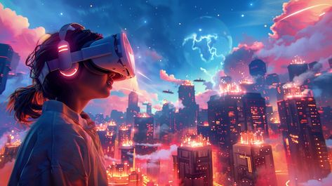 Virtual Reality Exploration: A person immersed in a vibrant virtual reality cityscape, experiencing a futuristic digital world. #virtual #reality #headset #cityscape #digital #aiart #aiphoto #stockcake ⬇️ Download and 📝 Prompt 👉 https://ayr.app/l/96vP Virtual World Aesthetic, Virtual Reality Aesthetic, Vr World, Vr Design, Virtual Reality Art, World Gif, Virtual Reality Design, Virtual Reality Technology, Virtual Reality Glasses