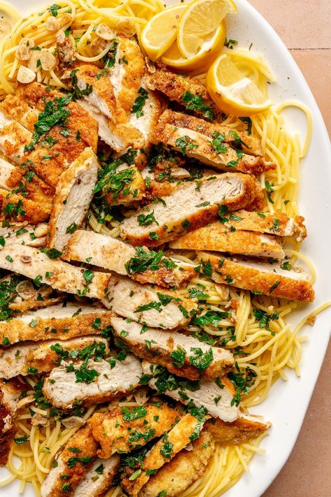 Chicken Scampi Pasta, Chicken Scampi Recipe, Scampi Sauce, Chicken Scampi, Capers Recipe, Breaded Chicken Cutlets, Fed And Fit, Carlsbad Cravings, Scampi Recipe