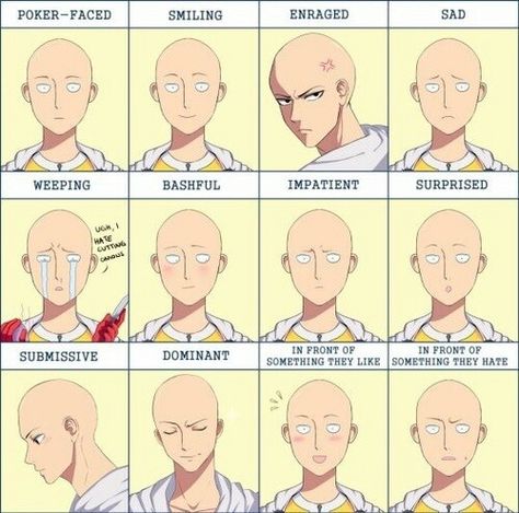 Saitama, different emotions, faces, text; One Punch Man Saitama Sensei, Genos X Saitama, One Pun, One Punch Man Funny, Tatsumaki One Punch Man, Saitama One Punch, Saitama One Punch Man, One Punch Man Anime, Bald Man