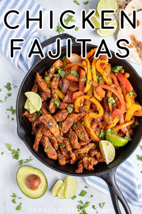 Skillet Chicken Fajitas for an easy weeknight dinner! Juicy chicken and flavor packed peppers are ready to eat in just 20 minutes! Chicken Fajitas | Healthy Fajitas | Dinner Ideas | Chicken Breast Recipes Healthy Fajitas, Fajitas Dinner, Skillet Chicken Fajitas, Grilled Chicken Fajitas, Easy Skillet Chicken, Grilled Peppers, Easy Skillet, Fajita Recipe, Fajita Seasoning