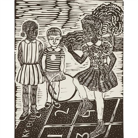 Artwork by Margaret Burroughs, Hopscotch, Made of linocut Peaceable Kingdom, Gulliver's Travels, Lino Cut, Christian Traditions, Woodcuts Prints, Arte Popular, Linocut Prints, Rice Paper, Linocut