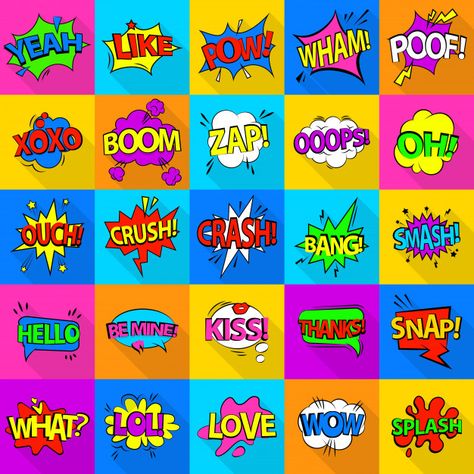 Comic colored sound icons set. flat illustration of 25 comic colored sound icons for web | Premium Vector #Freepik #vector #banner #frame #vintage #label Images Pop Art, Banner Frame, Speech Bubbles, Vector Banner, Pop Art Comic, Pop Art Wallpaper, Flat Illustration, Art Club, Elementary Art