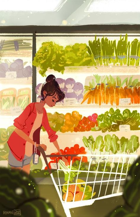 there's something calming about going to the grocery store on early morning. Character Illustration, 캐릭터 드로잉, Seni Cat Air, Art Et Illustration, Fete Anime, Karakter Anime, Early Morning, Grocery Store, Amazing Art