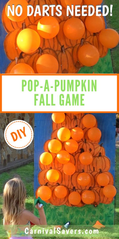 Fall Festival Game Idea - Pop-a-Pumpkin! Grab the FREE Pattern Download too! Pumpkin Toss Game Ideas, Games For Harvest Festival, Pop The Pumpkin Game, Fall Fair Ideas Carnival Games, Fall Festival Birthday Party Games, Fall Festival Booth Activities, Pop A Pumpkin Game, Games For A Fall Festival, Pumpkin Patch Activities Fall Festivals