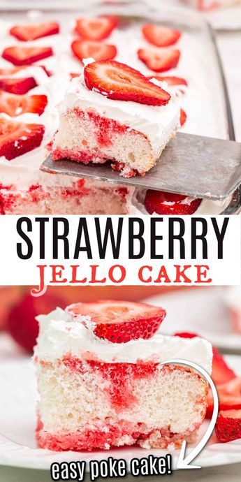 A light and refreshing Strawberry JELL-O Poke cake. Sweet white cake is topped with strawberry gelatin , Cool whip and fresh strawberries for a delicious treat! Strawberry Jello Poke Cake, Strawberry Jello Cake, Jello Poke Cake, Strawberry Poke Cake, Strawberry Gelatin, Strawberry Recipes Easy, Strawberry Poke Cakes, Pudding Poke Cake, Jello Cake