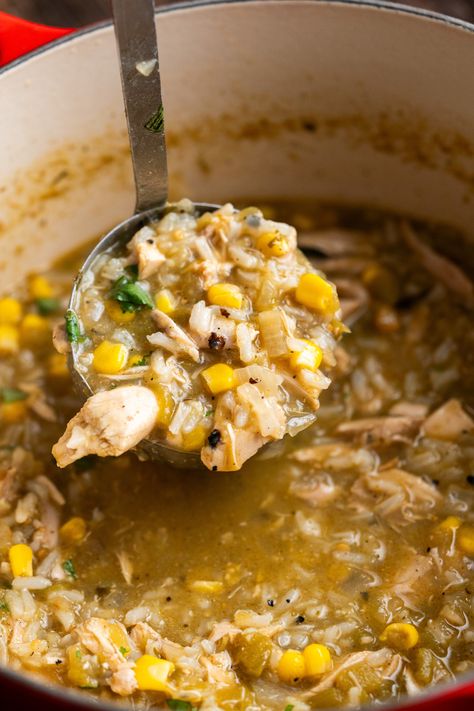 Green Chili Recipes Chicken, Chicken Corn Rice, Chicken Verde Soup, Salsa Verde Soup, Green Chili Chicken Stew, Green Chile Chicken Stew, Verde Soup, Green Chili Soup, Shredded Cooked Chicken