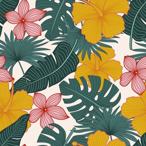 Seamless floral pattern with tropical fl... | Premium Vector #Freepik #vector #background #pattern #flower #vintage Tropical Prints Pattern, Tropical Flowers Pattern, Flower Pattern Drawing, Seamless Floral Pattern, Pattern Design Inspiration, Live Selling, Plant Painting, Cat Air, Floral Poster